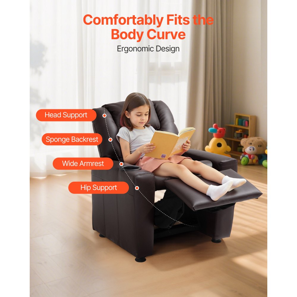 VEVOR Kids Reclining Chair, Toddler Recliner with Cup Holder, 101° to 121° Adjustable Backrest, Easy-to-Clean PU Leather Recliner Couch with Footrest, 90 lbs Load, for Boys & Girls, Children (Brown)