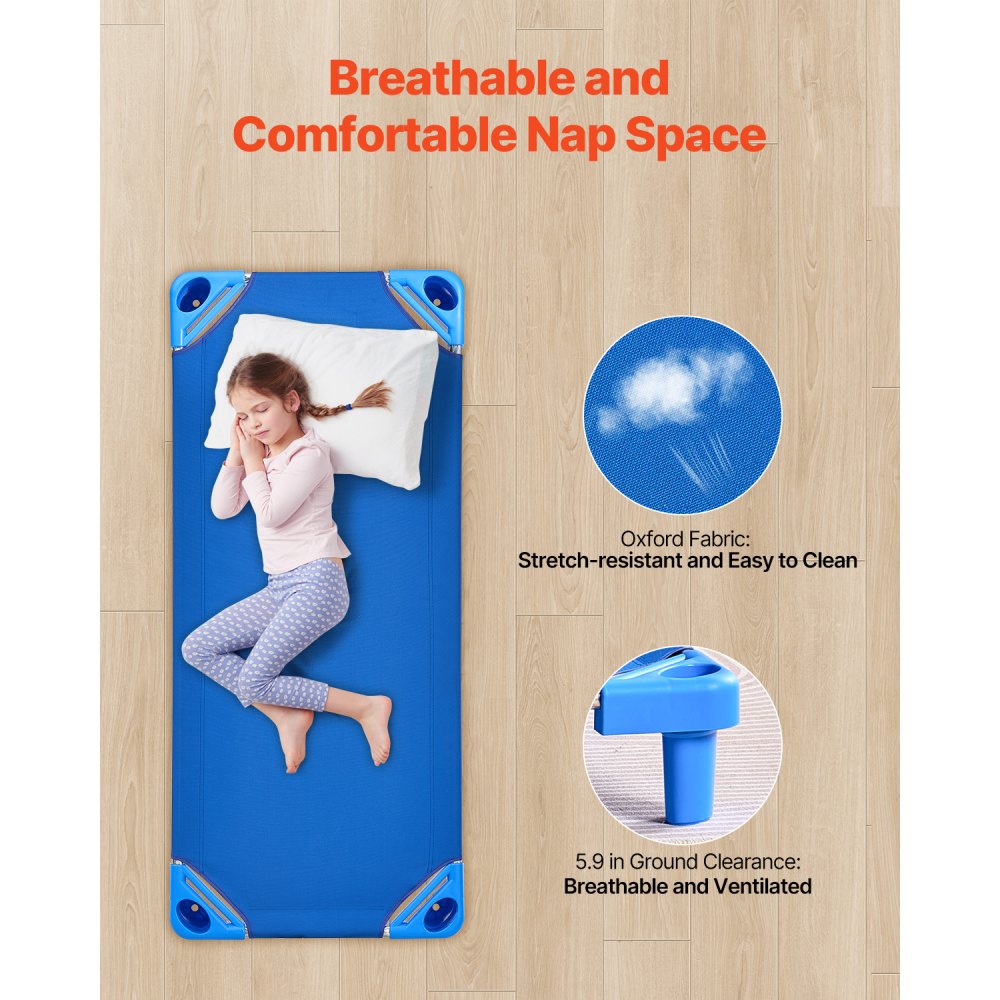 VEVOR Stackable Kiddie Cot, Pack of 4,  Portable Toddler Nap Cots, Standard Size 52" L x 23" W Daycare Cots for Kids, Preschool Classroom Daycare Beds for Sleeping, Resting, Naptime, Blue