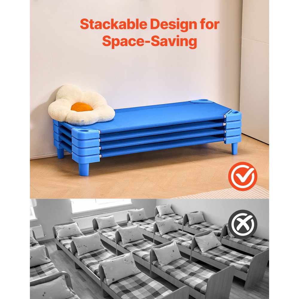 VEVOR Stackable Kiddie Cot, Pack of 4,  Portable Toddler Nap Cots, Standard Size 52" L x 23" W Daycare Cots for Kids, Preschool Classroom Daycare Beds for Sleeping, Resting, Naptime, Blue