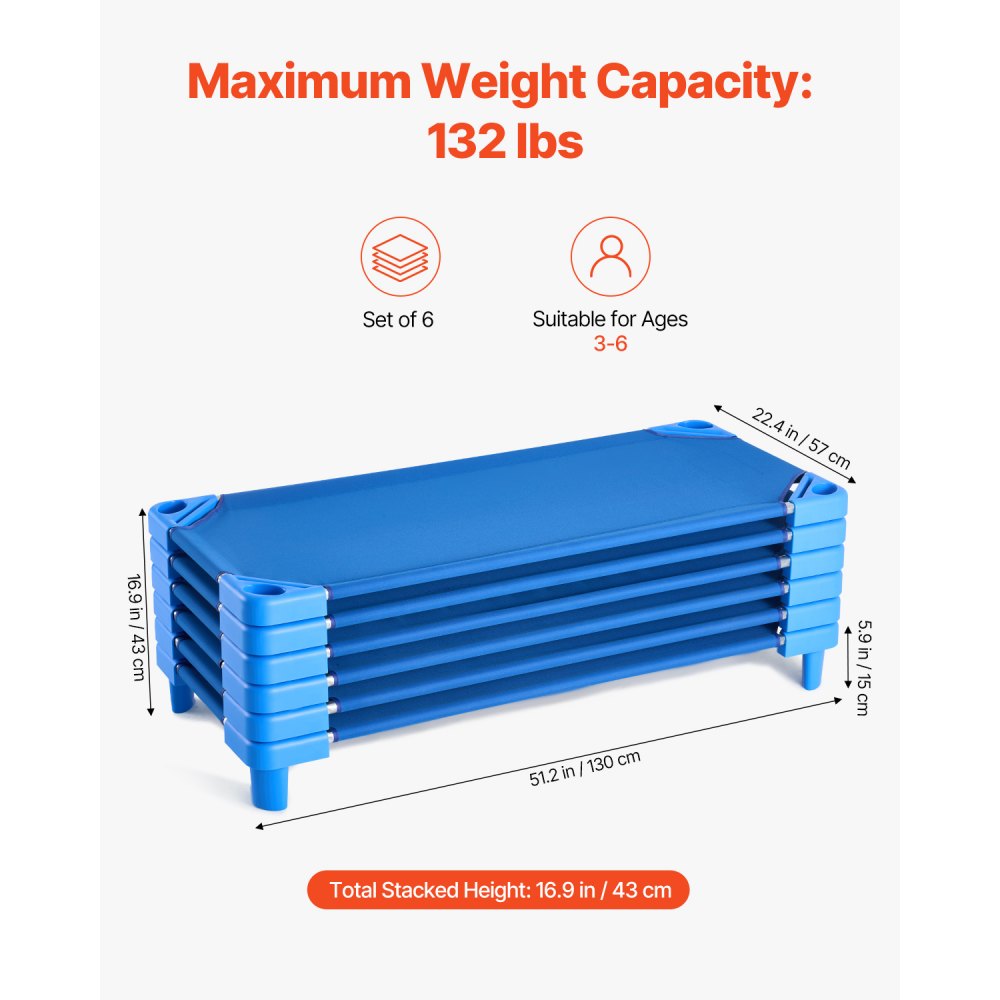 VEVOR Stackable Kiddie Cot, Pack of 6,  Portable Toddler Nap Cots, Standard Size 52" L x 23" W Daycare Cots for Kids, Preschool Classroom Daycare Beds for Sleeping, Resting, Naptime, Blue