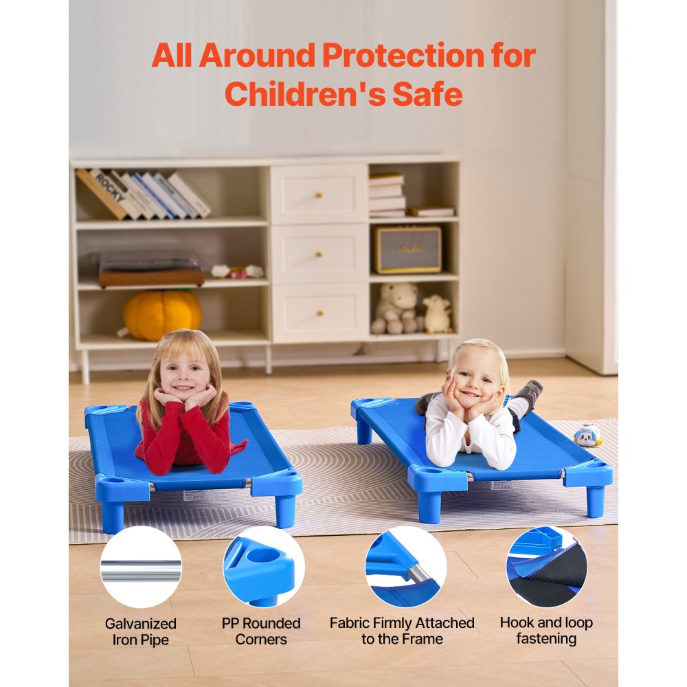 VEVOR Stackable Kiddie Cot, Pack of 6,  Portable Toddler Nap Cots, Standard Size 52" L x 23" W Daycare Cots for Kids, Preschool Classroom Daycare Beds for Sleeping, Resting, Naptime, Blue
