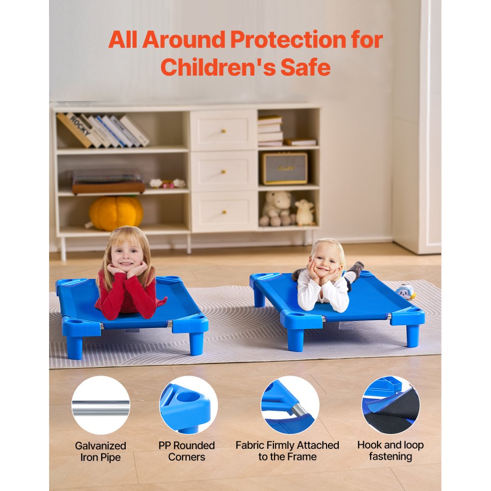 VEVOR Stackable Kiddie Cot, Pack of 6,  Portable Toddler Nap Cots, Standard Size 40" L x 23" W Daycare Cots for Kids, Preschool Classroom Daycare Beds for Sleeping, Resting, Naptime, Blue