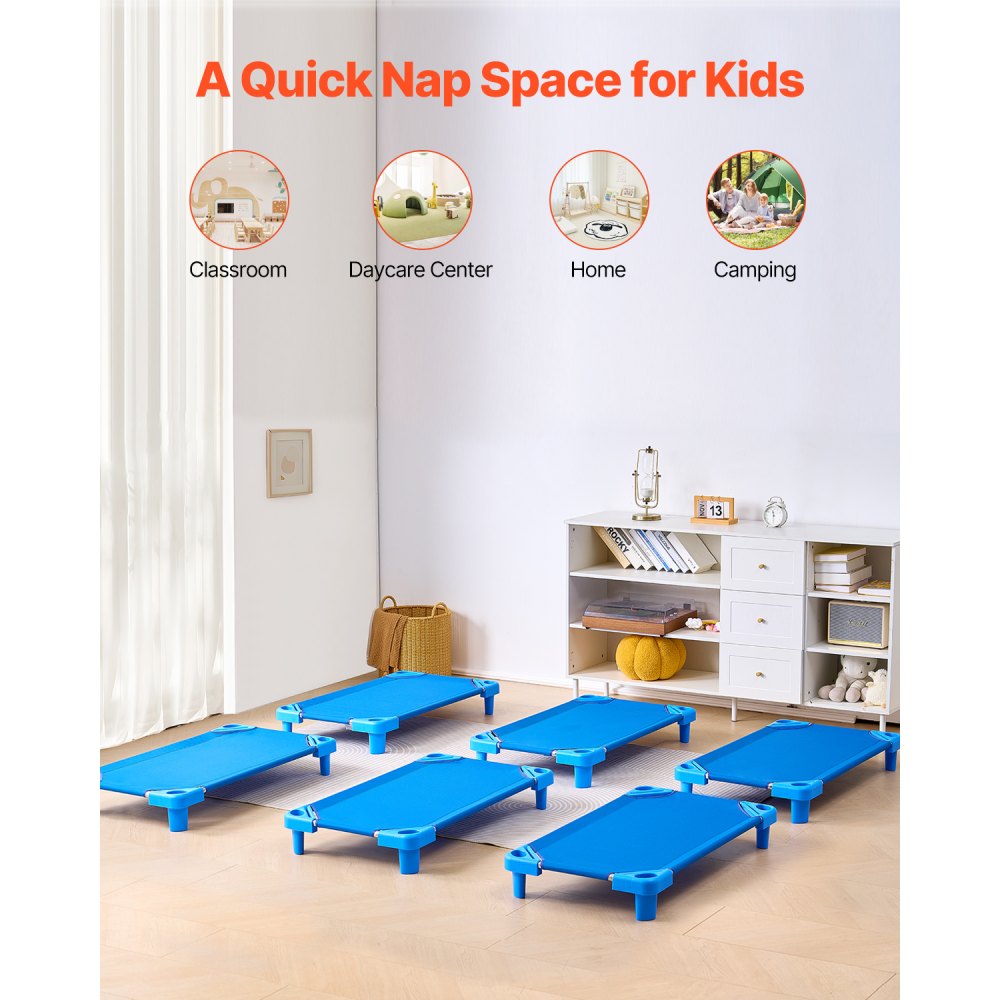 VEVOR Stackable Kiddie Cot, Pack of 6,  Portable Toddler Nap Cots, Standard Size 40" L x 23" W Daycare Cots for Kids, Preschool Classroom Daycare Beds for Sleeping, Resting, Naptime, Blue