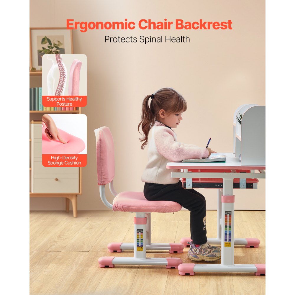 VEVOR Kids Study Chair and Desk Set, Study Desk and Chair for Kids with Bookshelf and Storage Drawer, Adjustable Height Kids Study Desk with Chair, Children Study Table for Bedroom & Study Room, Pink