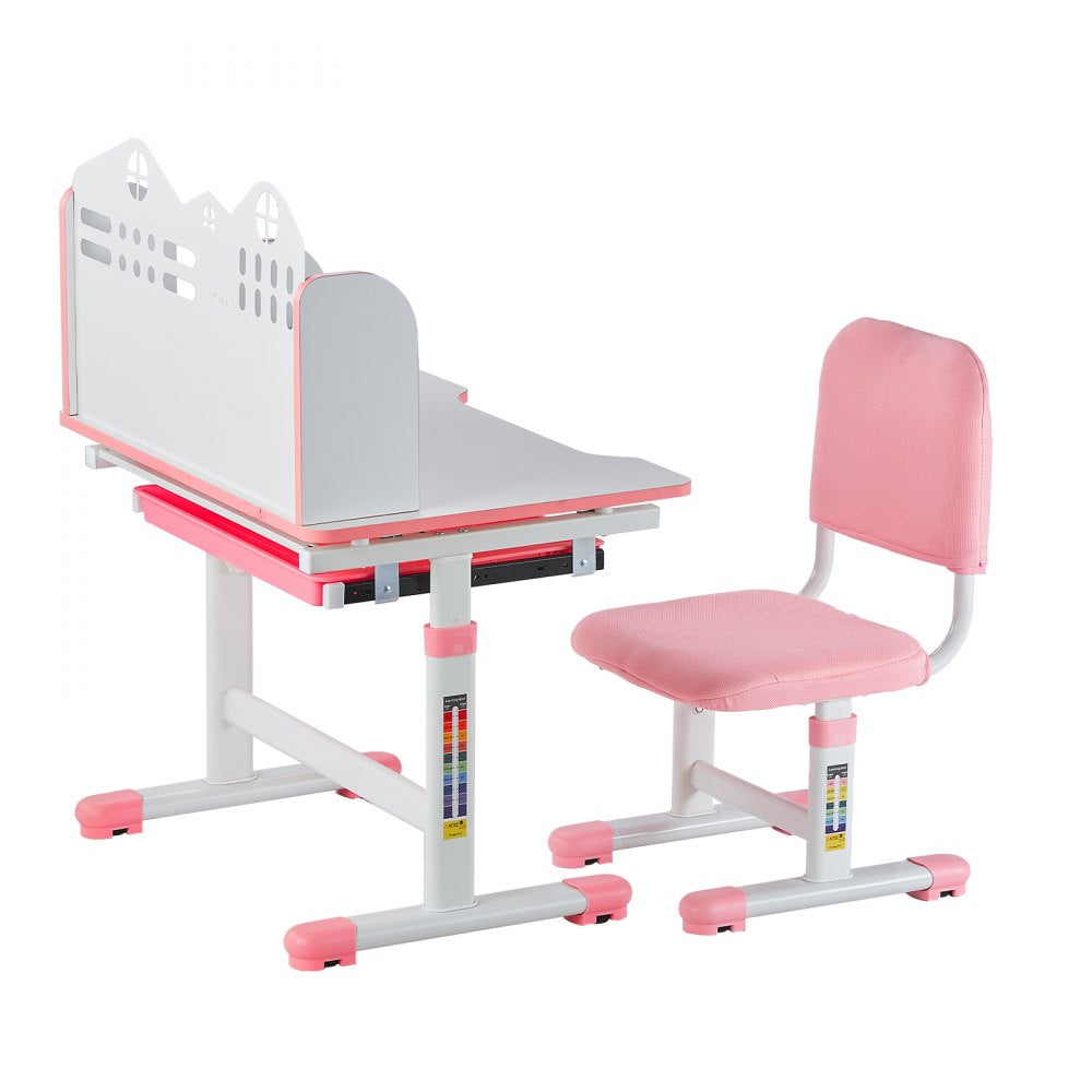 VEVOR Kids Study Chair and Desk Set, Study Desk and Chair for Kids with Bookshelf and Storage Drawer, Adjustable Height Kids Study Desk with Chair, Children Study Table for Bedroom & Study Room, Pink