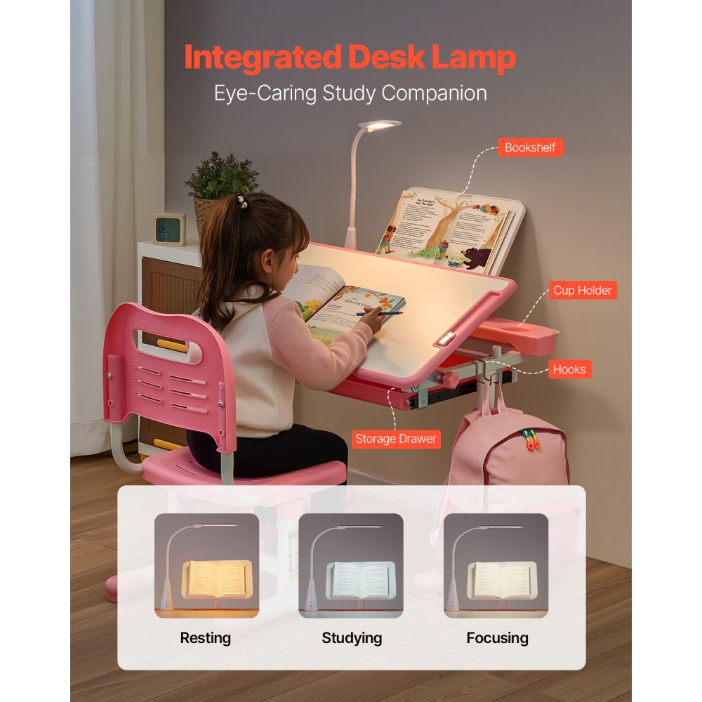 VEVOR Kids Study Chair and Desk Set, Study Desk and Chair for Kids with Table Lamp, Adjustable Height & 0-40° Tilted Desktop Kids Desk and Chair, Children Study Table for Bedroom & Study Room, Pink