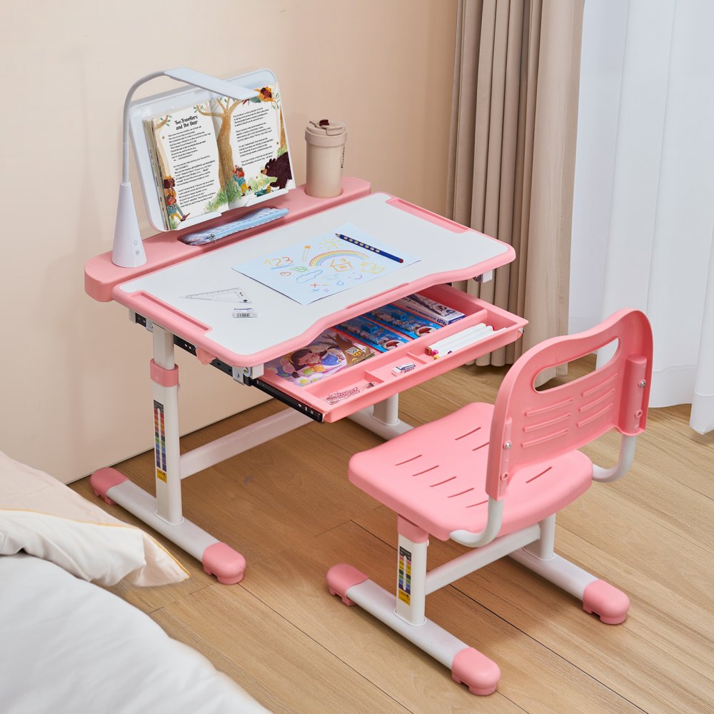 VEVOR Kids Study Chair and Desk Set, Study Desk and Chair for Kids with Table Lamp, Adjustable Height & 0-40° Tilted Desktop Kids Desk and Chair, Children Study Table for Bedroom & Study Room, Pink