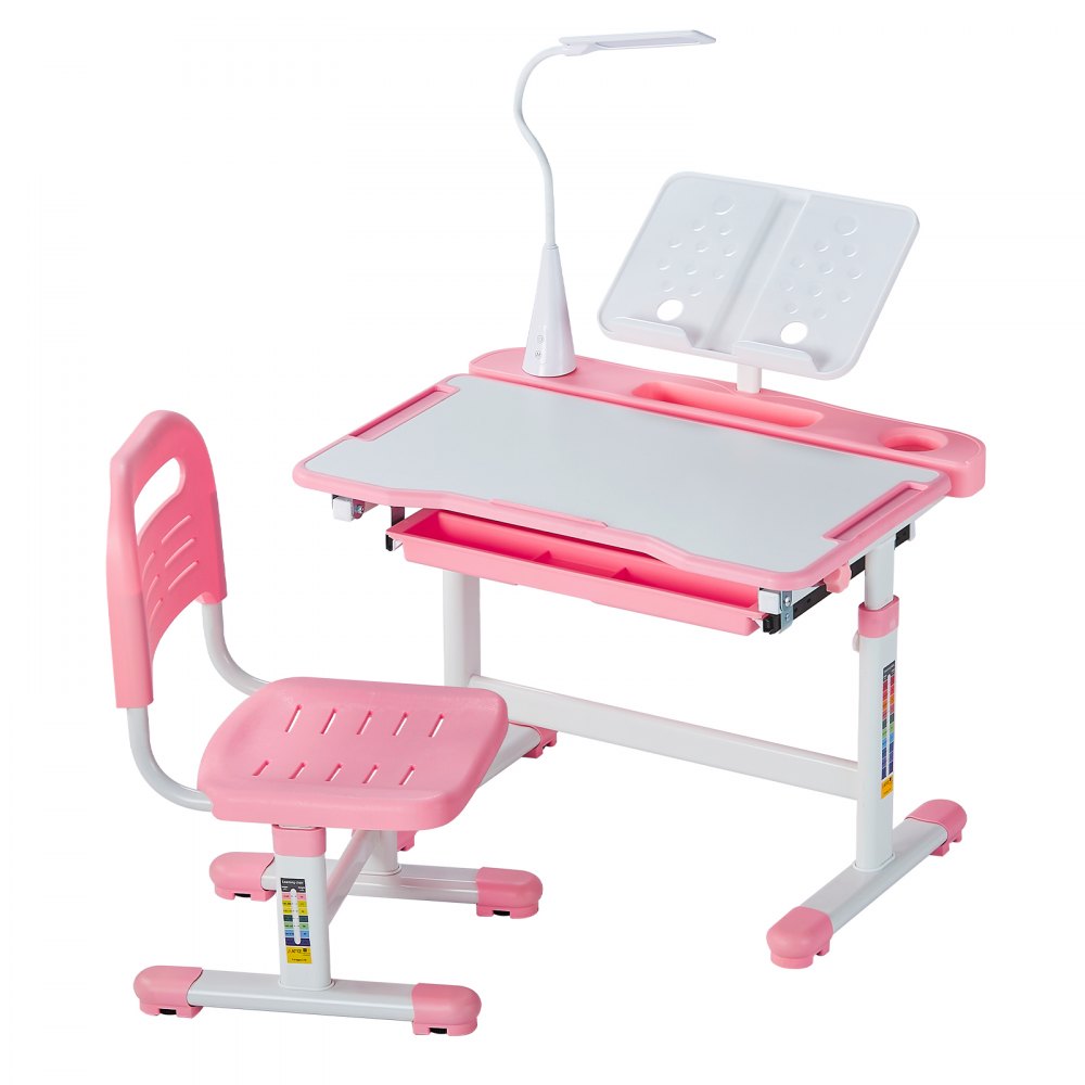 VEVOR Kids Study Chair and Desk Set, Study Desk and Chair for Kids with Table Lamp, Adjustable Height & 0-40° Tilted Desktop Kids Desk and Chair, Children Study Table for Bedroom & Study Room, Pink