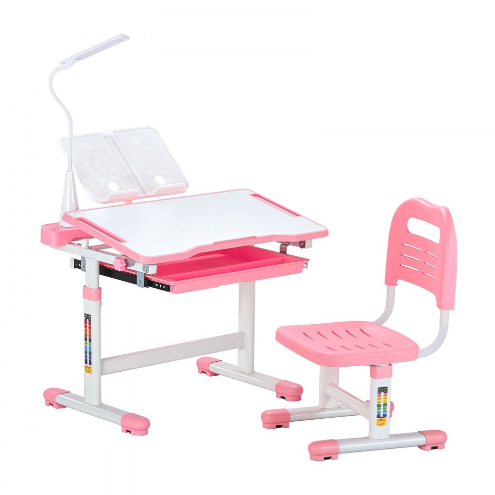 VEVOR Kids Study Chair and Desk Set, Study Desk and Chair for Kids with Table Lamp, Adjustable Height & 0-40° Tilted Desktop Kids Desk and Chair, Children Study Table for Bedroom & Study Room, Pink