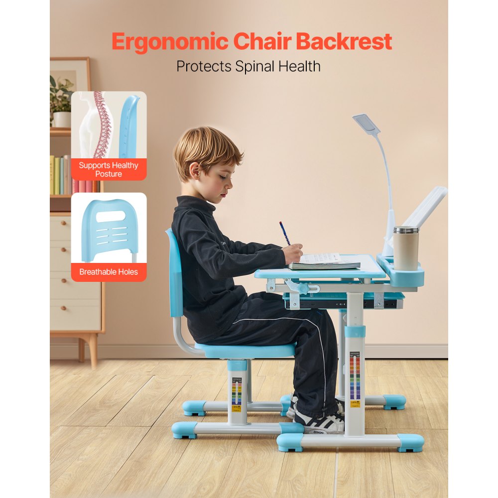 VEVOR Kids Study Chair and Desk Set, Study Desk and Chair for Kids with Table Lamp, Adjustable Height & 0-40° Tilted Desktop Kids Desk and Chair, Children Study Table for Bedroom & Study Room, Blue