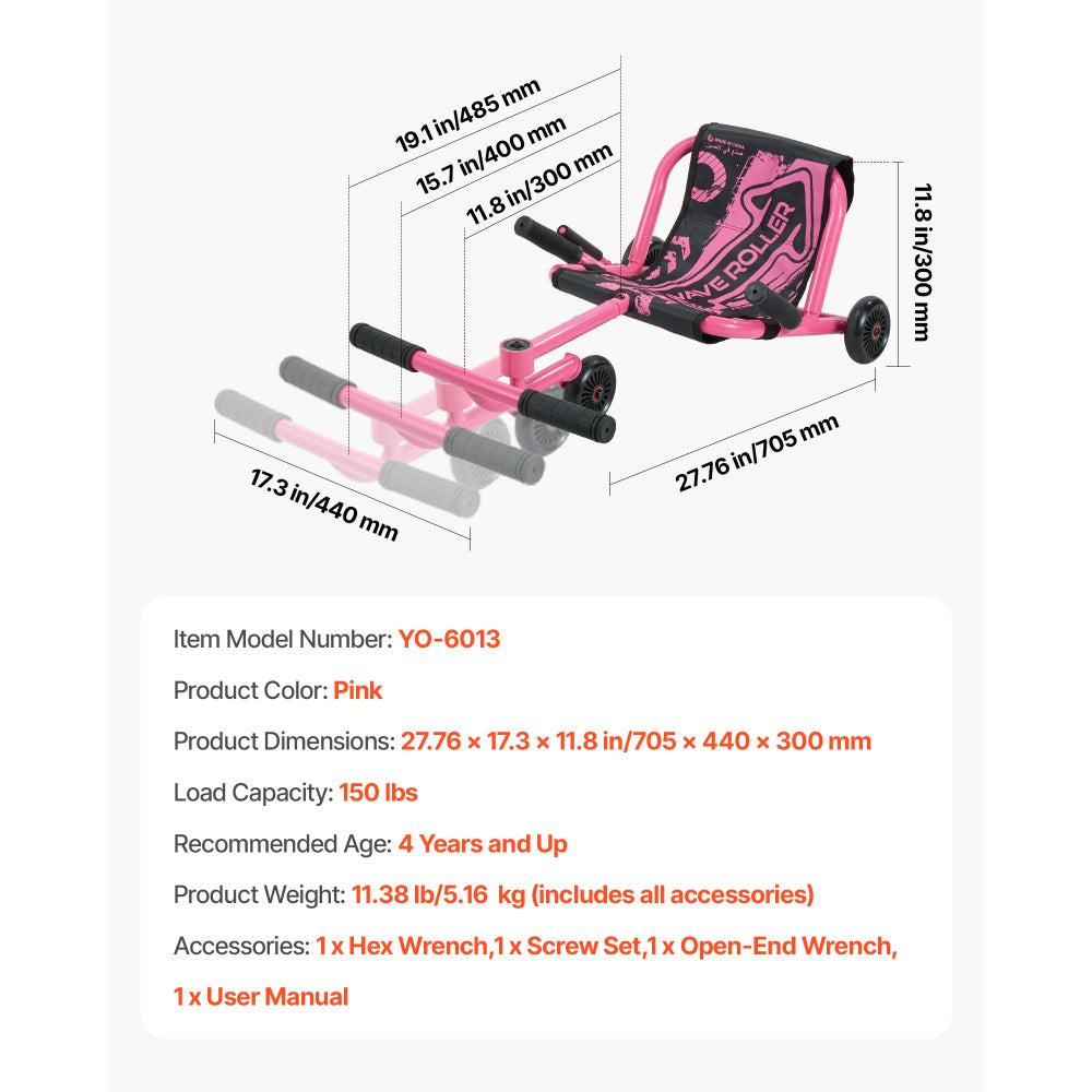 VEVOR Ride on Scooter 150 lbs Swing Side-to-Side for Amazing Riding Pink, for Ages 4+, Powered by Zig-Zag Motion, Ride on Toy with 3 Adjustable Length, Brake Lever, Hard Surface Indoor & Outdoor