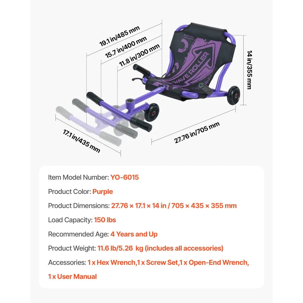 VEVOR Ride on Scooter 150 lbs Swing Side-to-Side for Amazing Riding Purple, for Ages 4+, Powered by Zig-Zag Motion, Ride on Toy with 3 Adjustable Length, Hand Brake, for Hard Surface Indoor & Outdoor