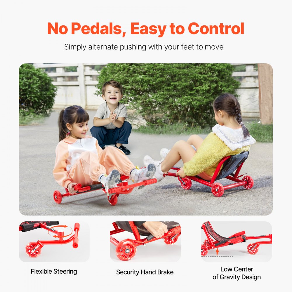 VEVOR Ride on Scooter 132 lbs Swing Side-to-Side for Amazing Riding Red, for Ages 4+, Powered by Zig-Zag Motion, Ride on Drifting Toy, with Adjustable Length, for Hard Surface, Indoor & Outdoor