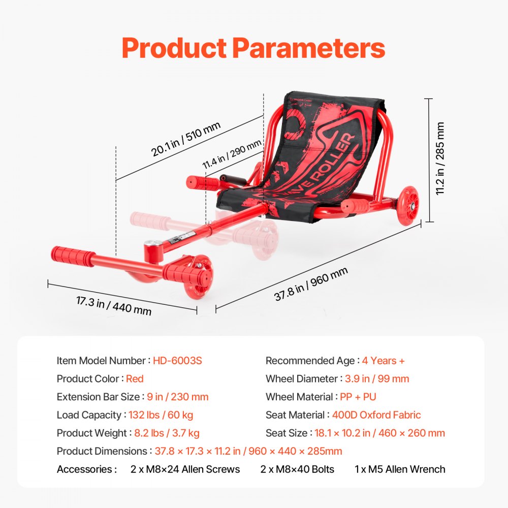 VEVOR Ride on Scooter 132 lbs Swing Side-to-Side for Amazing Riding Red, for Ages 4+, Powered by Zig-Zag Motion, Ride on Drifting Toy, with Adjustable Length, for Hard Surface, Indoor & Outdoor