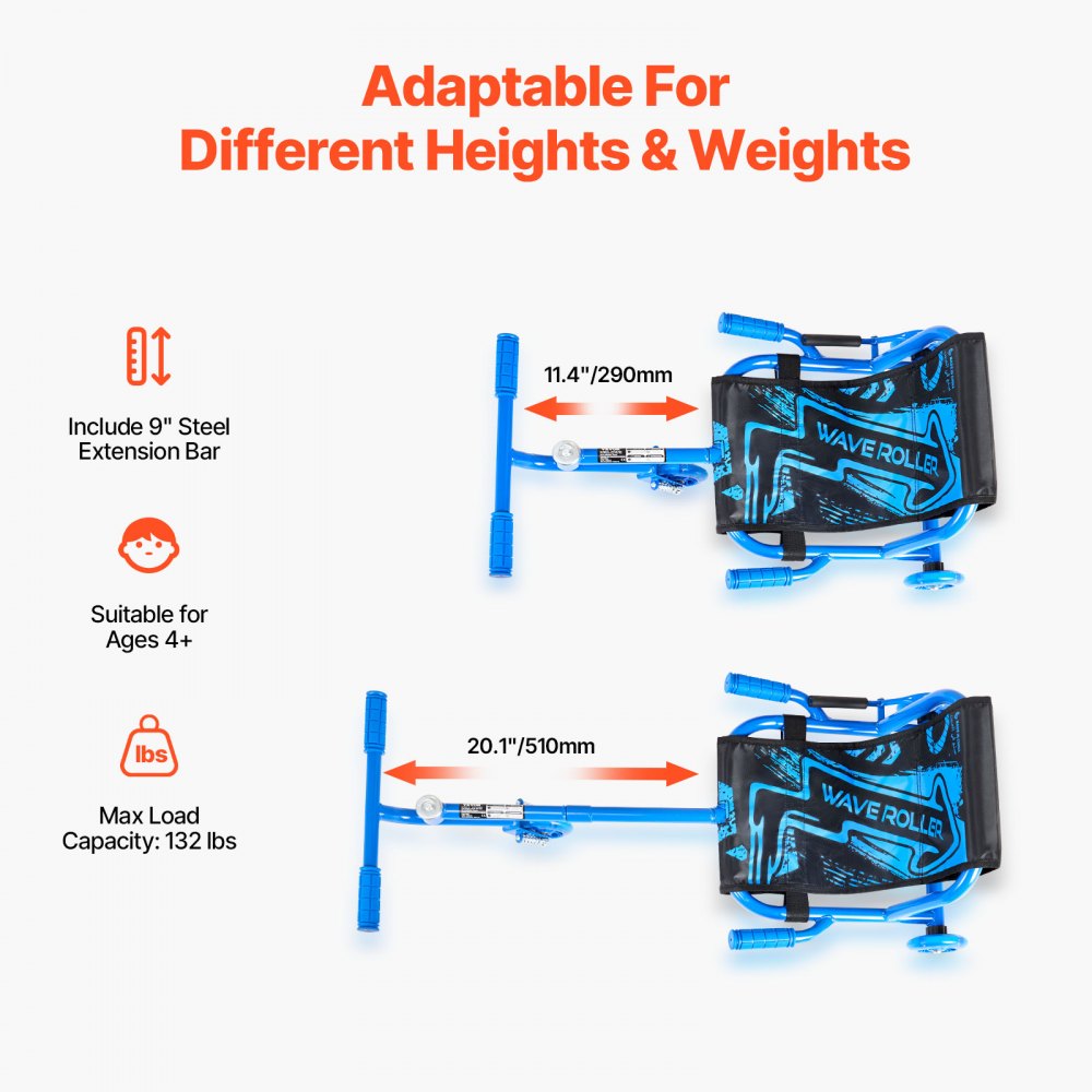 VEVOR Ride on Scooter 132 lbs Swing Side-to-Side for Amazing Riding Blue, for Ages 4+, Powered by Zig-Zag Motion, Ride on Drifting Toy, with Adjustable Length, for Hard Surface, Indoor & Outdoor