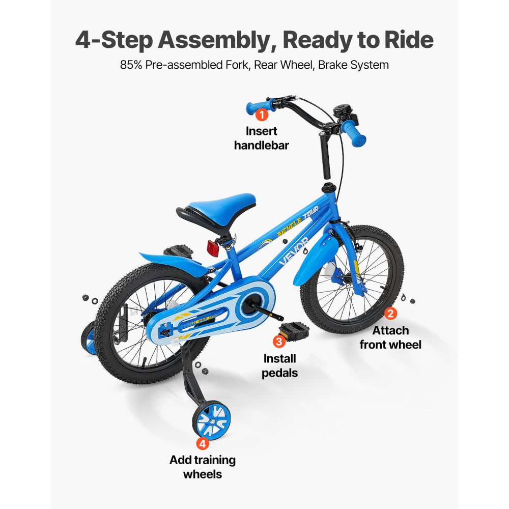 VEVOR Kids Bike, 16 Inches BMX Style Children Bicycle, Rider Height 3.28 ft - 4.27 ft, Training Wheels Included, Sturdy and Easy to Assemble, Toddler Bike for Boys & Girls Learning to Ride, Blue