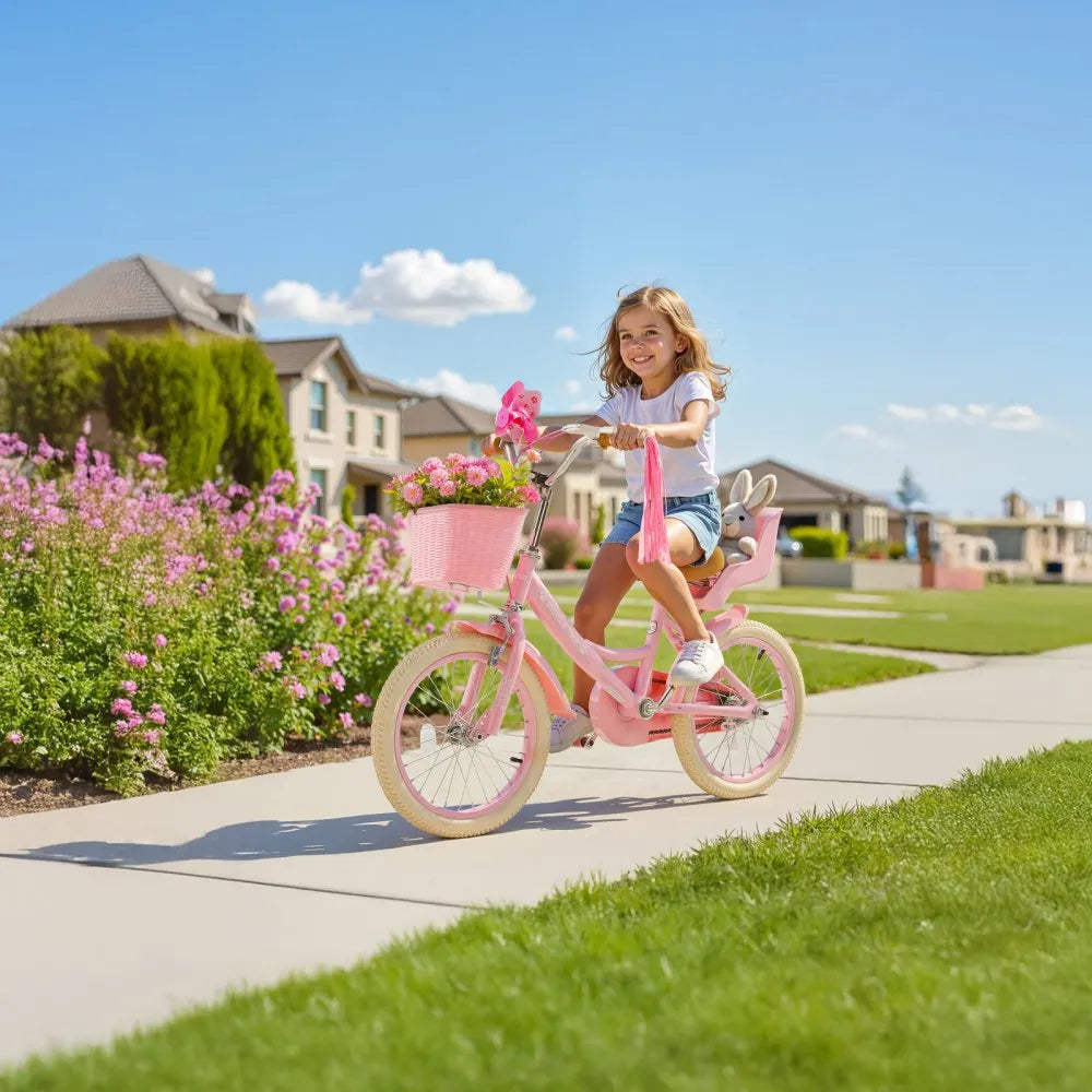 VEVOR Kids Bike, 16 Inches Princess Style Children Bicycle with Streamers & Basket, Rider Height 3.28 ft - 4.27 ft, Doll Seat & Training Wheels Included, Toddler Bike for Girls Learning to Ride, Pink