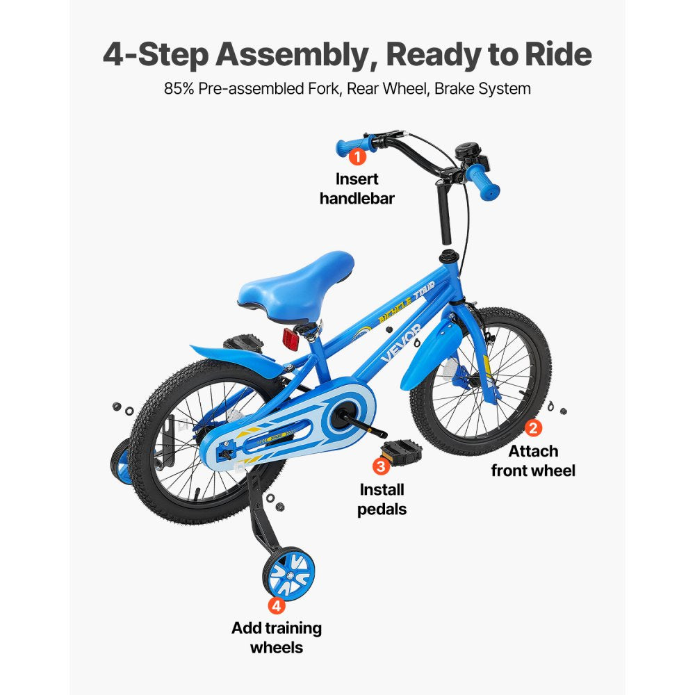 VEVOR Kids Bike, 18 Inches BMX Style Children Bicycle, Rider Height 3.61 ft - 4.59 ft, Training Wheels Included, Sturdy and Easy to Assemble, Toddler Bike for Boys & Girls Learning to Ride, Blue
