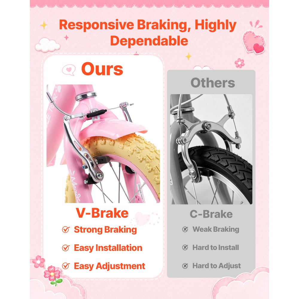VEVOR Kids Bike, 14 Inch Children Bicycle, Training Wheels Princess Pink, for Girls Ages 3-5, Adjustable Seat, Front Brake and Rear Coaster Brake, Front Basket, Doll Seat, High-Carbon Steel Frame