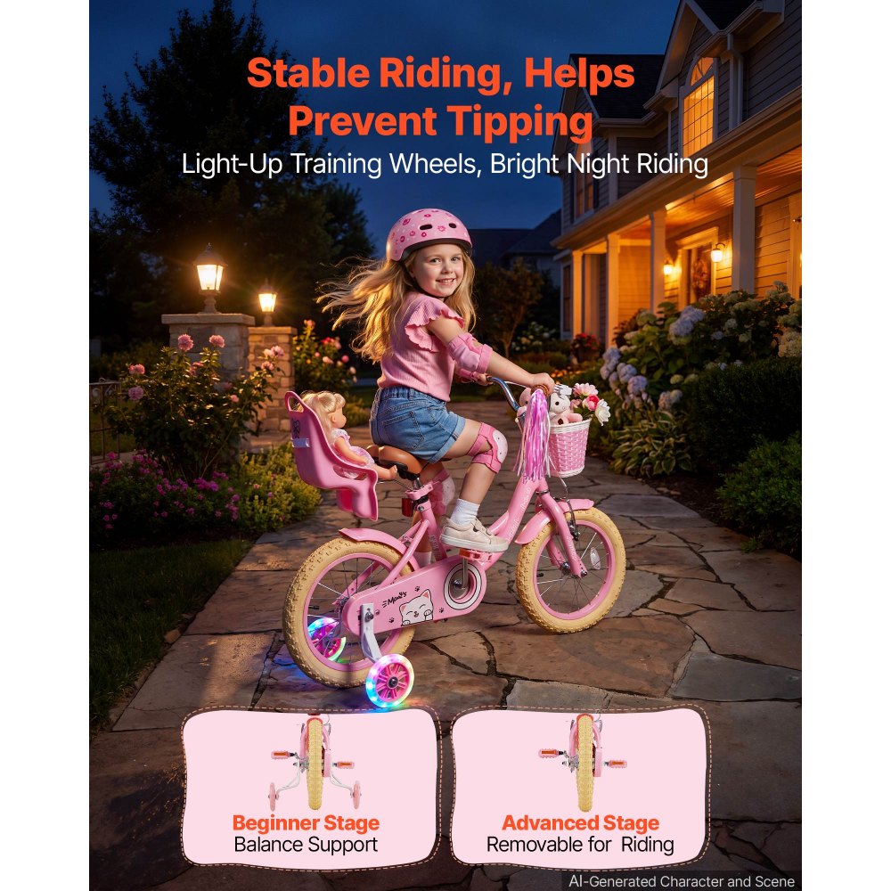 VEVOR Kids Bike, 14 Inch Children Bicycle, Training Wheels Princess Pink, for Girls Ages 3-5, Adjustable Seat, Front Brake and Rear Coaster Brake, Front Basket, Doll Seat, High-Carbon Steel Frame