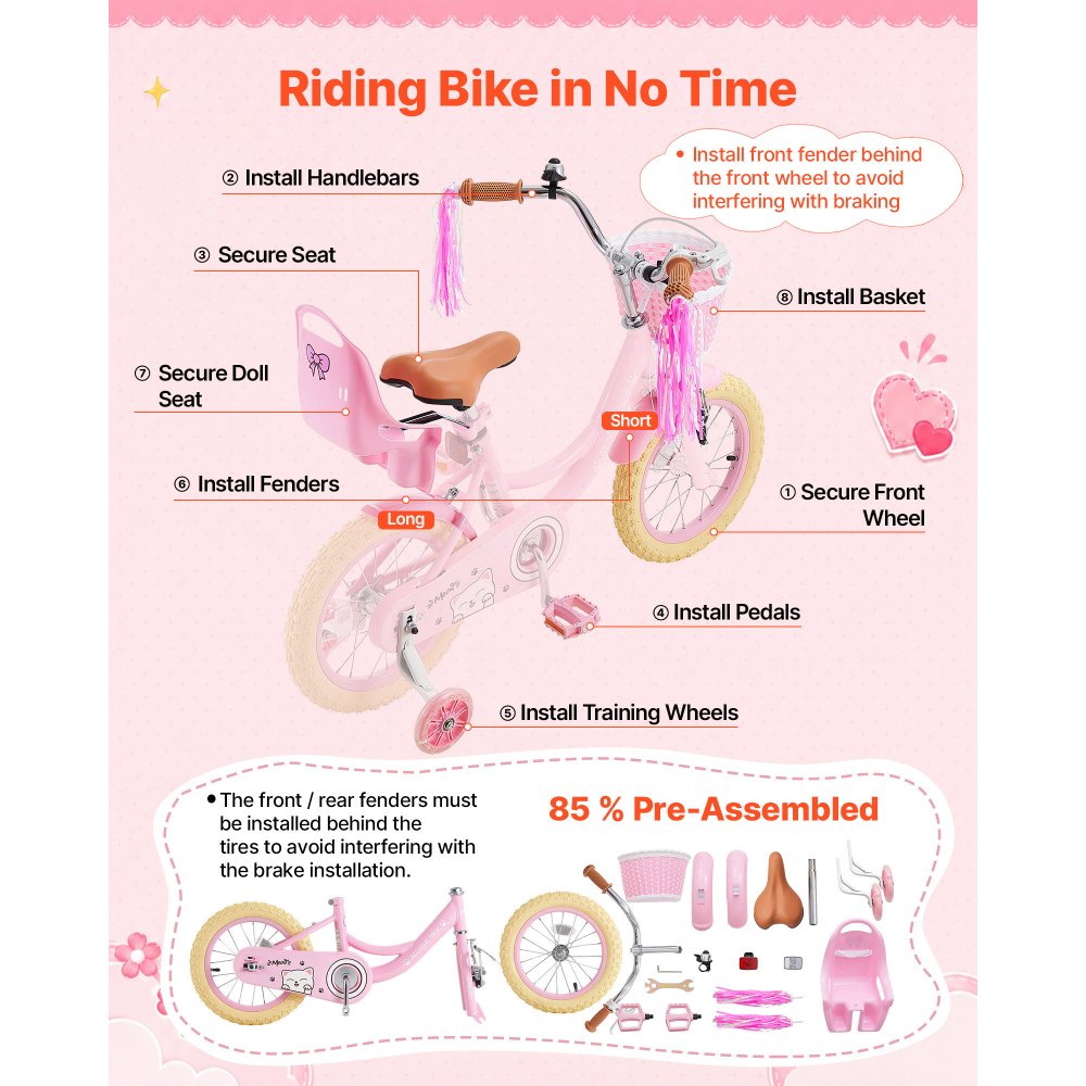 VEVOR Kids Bike, 14 Inch Children Bicycle, Training Wheels Princess Pink, for Girls Ages 3-5, Adjustable Seat, Front Brake and Rear Coaster Brake, Front Basket, Doll Seat, High-Carbon Steel Frame
