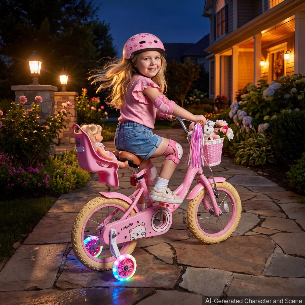 VEVOR Kids Bike, 14 Inch Children Bicycle, Training Wheels Princess Pink, for Girls Ages 3-5, Adjustable Seat, Front Brake and Rear Coaster Brake, Front Basket, Doll Seat, High-Carbon Steel Frame