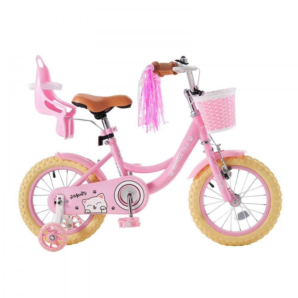 VEVOR Kids Bike, 14 Inch Children Bicycle, Training Wheels Princess Pink, for Girls Ages 3-5, Adjustable Seat, Front Brake and Rear Coaster Brake, Front Basket, Doll Seat, High-Carbon Steel Frame