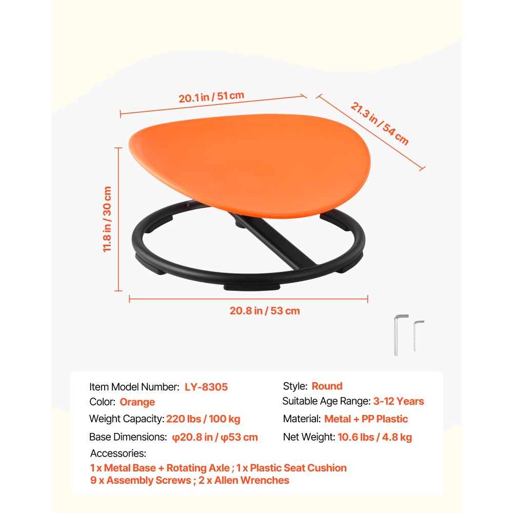 VEVOR Kids Swivel Chair, 220 lbs Capacity, Sensory Spinning Chair, Autistic Kids Sensory Toy Seat with Non-Slip Metal Base, Round Shape Toddler Sit & Spin Seat for Coordination Balance Focus, Orange