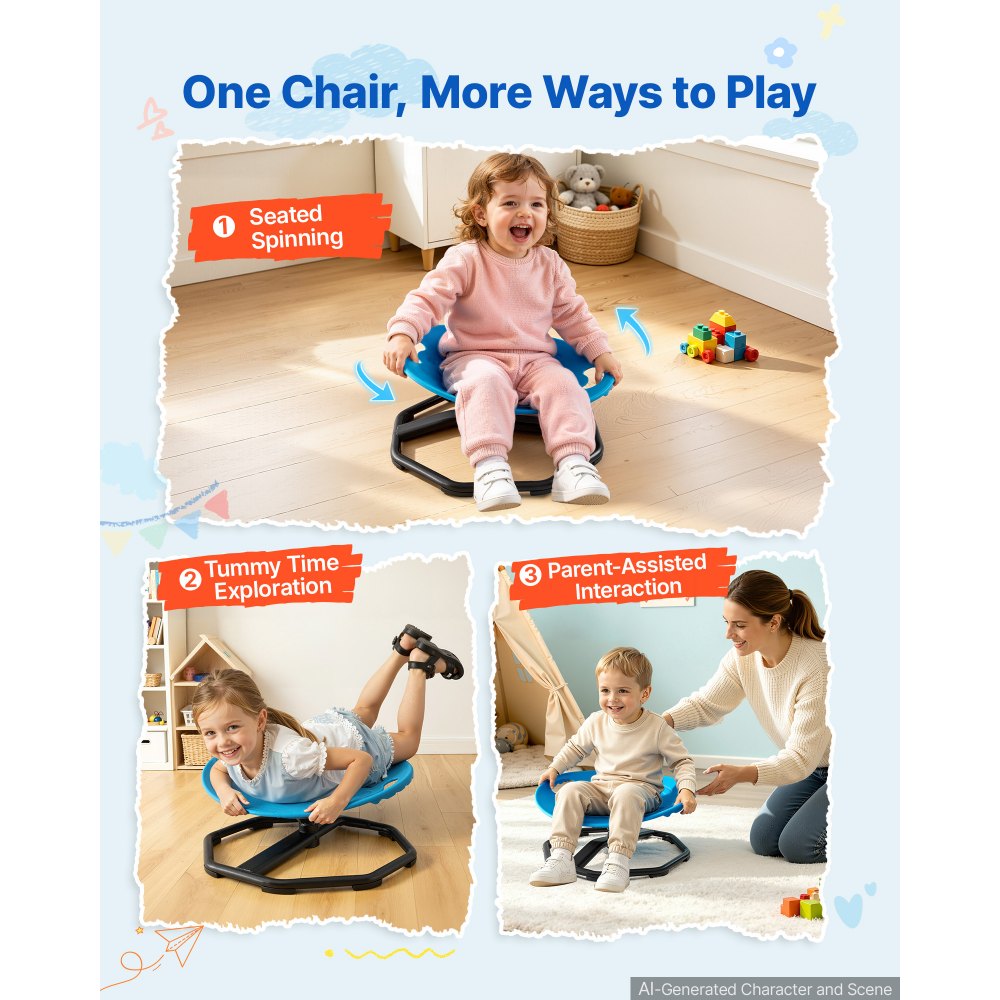 VEVOR Spinning Chair for Autistic Kids Ages 2-6 Autism Sensory Toy 110 LBS, Sensory Swivel Seat Products for Children ADHD, Training Body Coordination Balance, 16.9" L x 14" W, Rounded Shape, Blue