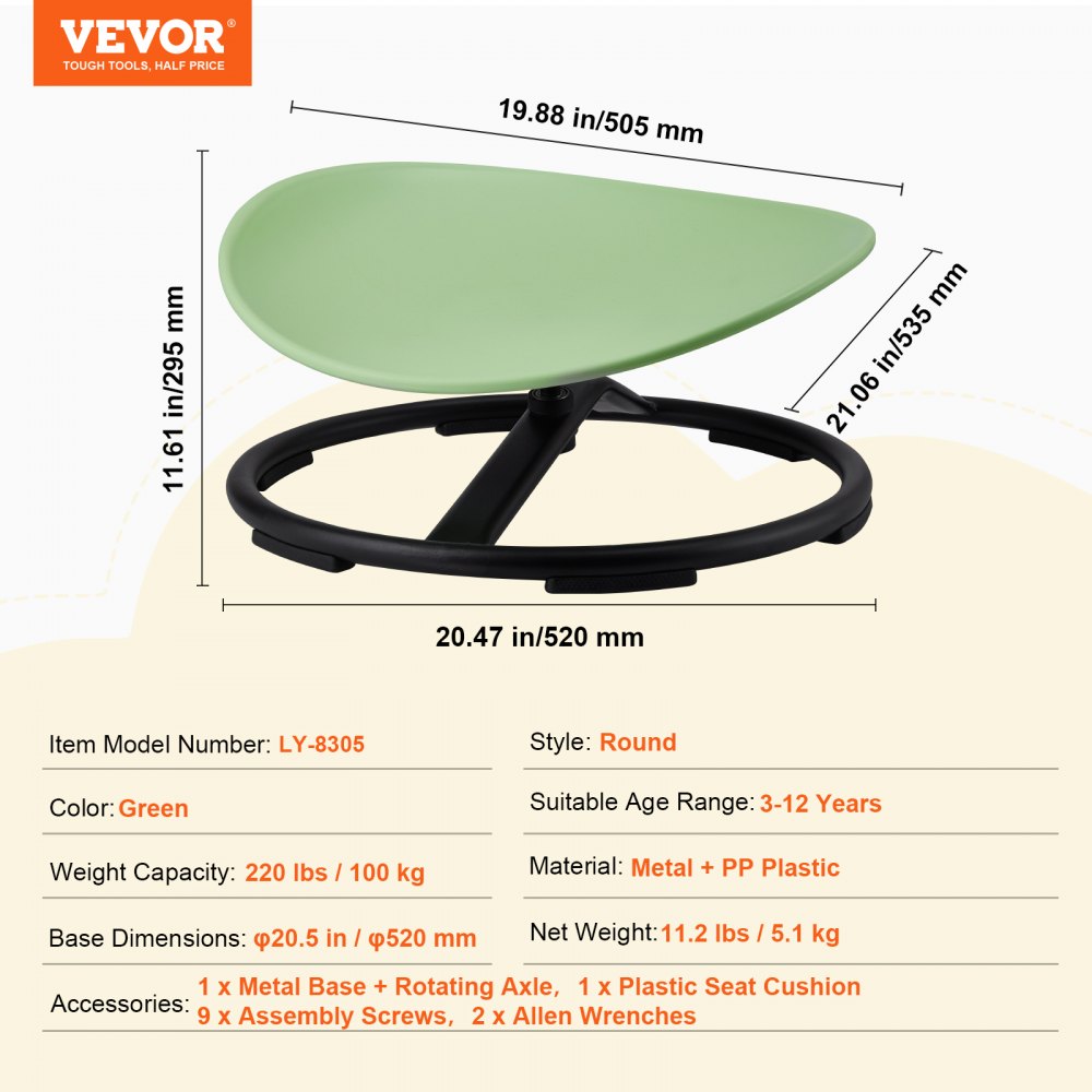 VEVOR Kids Swivel Chair, 220 LBS Capacity, Sensory Spinning Chair, Autistic Kids Sensory Toy Chair with Non-Slip Metal Base, Toddler Sit and Spin Chair for Coordination Balance Focus Training Green