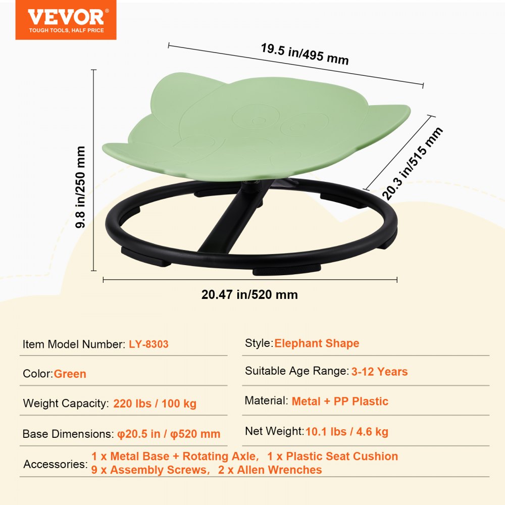 VEVOR Elephant Kids Swivel Chair, 220 LBS Capacity, 360° Spinning Chair, Autistic Kids Sensory Toy Chair with Non-Slip Metal Base, Toddler Sit and Spin Chair for Coordination Balance Focus Green