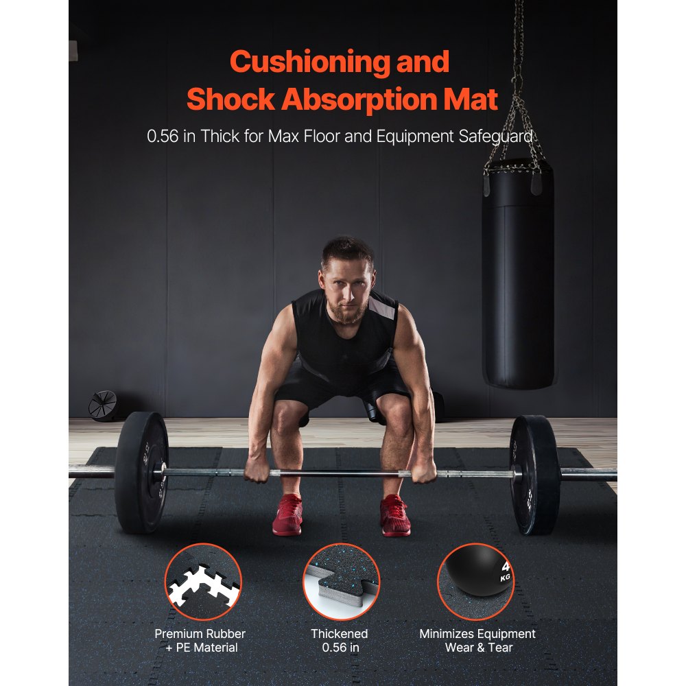 VEVOR 0.56 Inch Thick Gym Floor Mats, 12 Tiles Rubber Top with EVA Foam, 25" x 25" Gym Flooring Workout Mats with 48 sq.ft Coverage, Interlocking Puzzle Gym Mats for Gym, Home, Garage, Black & Blue