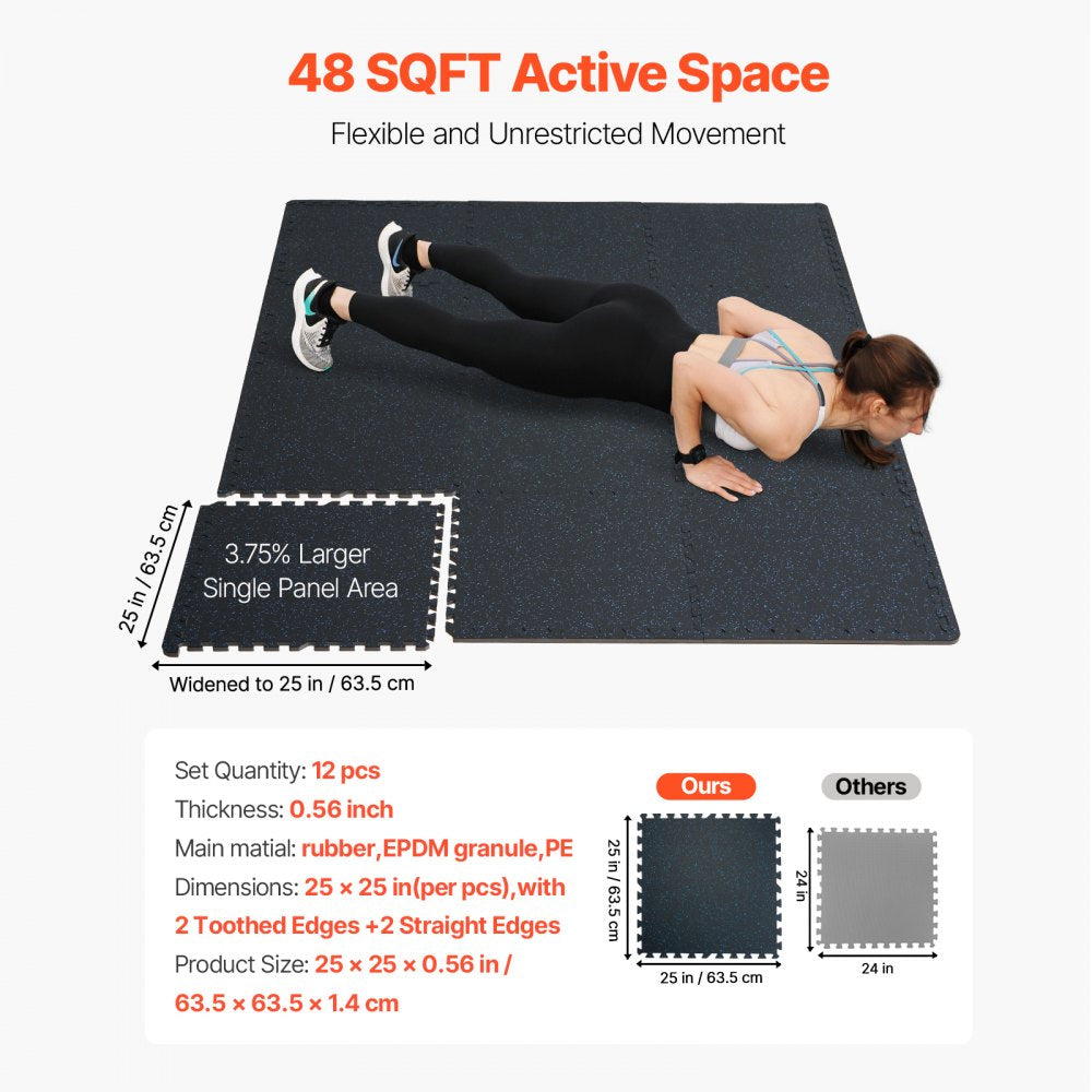 VEVOR 0.56 Inch Thick Gym Floor Mats, 12 Tiles Rubber Top with EVA Foam, 25" x 25" Gym Flooring Workout Mats with 48 sq.ft Coverage, Interlocking Puzzle Gym Mats for Gym, Home, Garage, Black & Blue