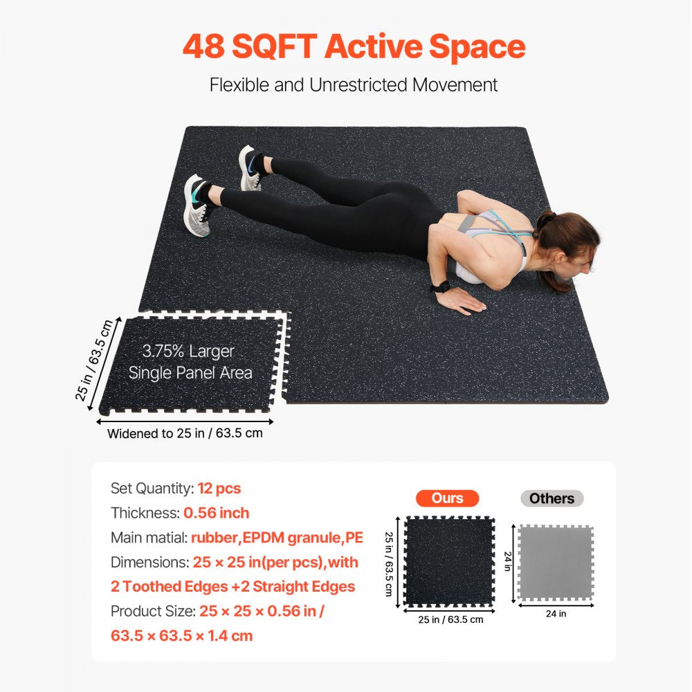 VEVOR 0.56 Inch Thick Gym Floor Mats, 12 Tiles Rubber Top with EVA Foam, 25" x 25" Gym Flooring Workout Mats with 48 sq.ft Coverage, Interlocking Puzzle Gym Mats for Gym, Home, Garage, Black & White