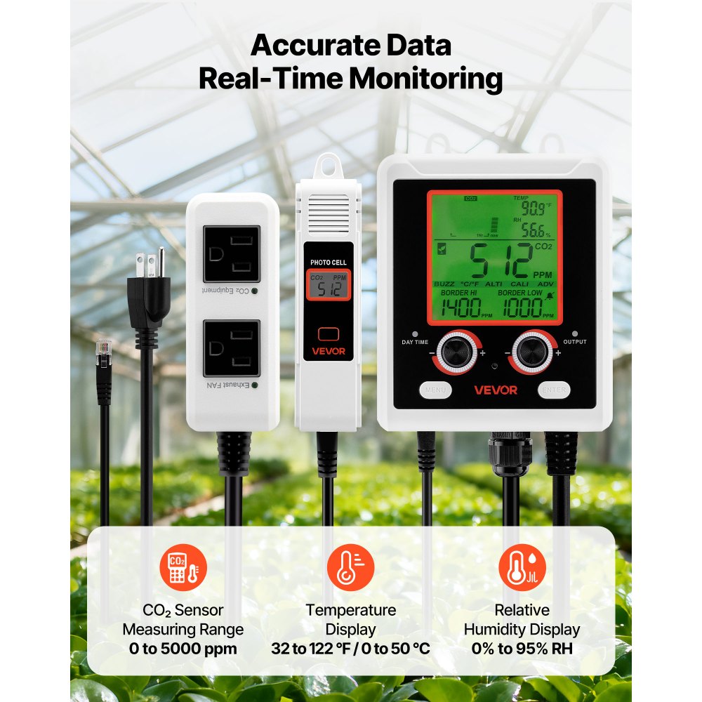 VEVOR Carbon Dioxide Monitoring Controller, Dual Outlets Carbon Dioxide Controller, CO2 Meter Monitor Day and Night Detection Feature, NDIR CO2 Sensor for Green House, Laboratories, Classrooms, Home