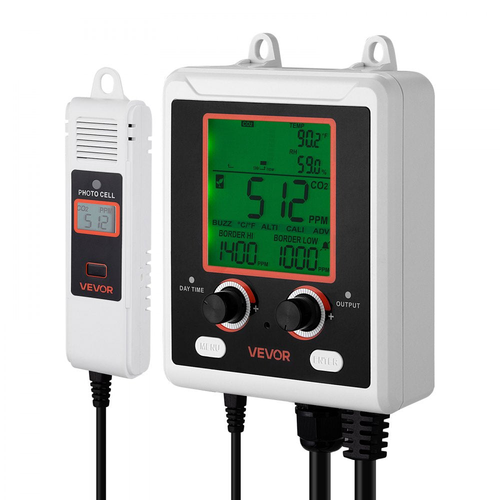 VEVOR Carbon Dioxide Monitoring Controller, Dual Outlets Carbon Dioxide Controller, CO2 Meter Monitor Day and Night Detection Feature, NDIR CO2 Sensor for Green House, Laboratories, Classrooms, Home