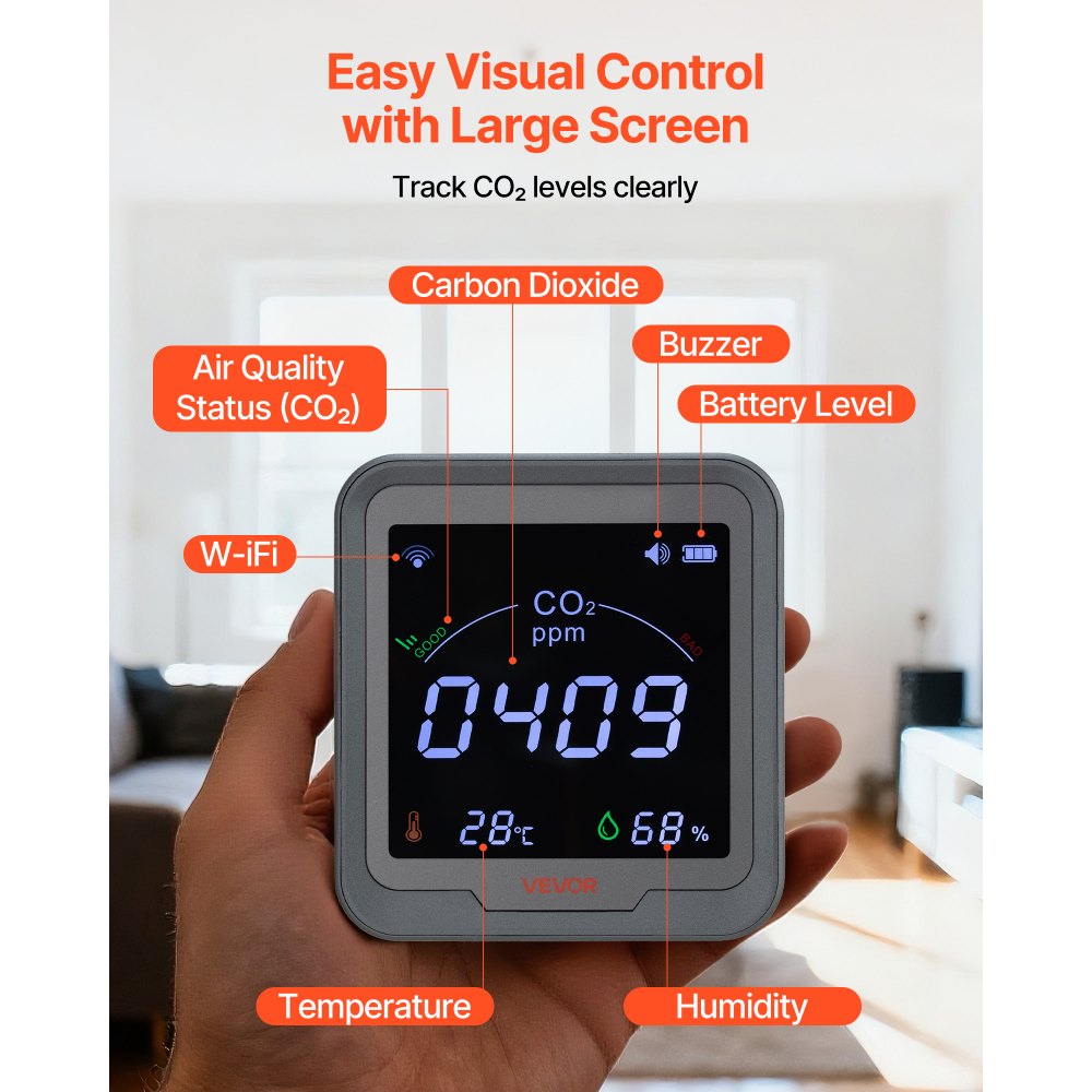 VEVOR Carbon Dioxide Monitor, CO2 Controller with Temperature and Humidity Display, NDIR Sensor Carbon Dioxide Detector, for Outdoors, Home, Office, Car, Wall-Mounted Use