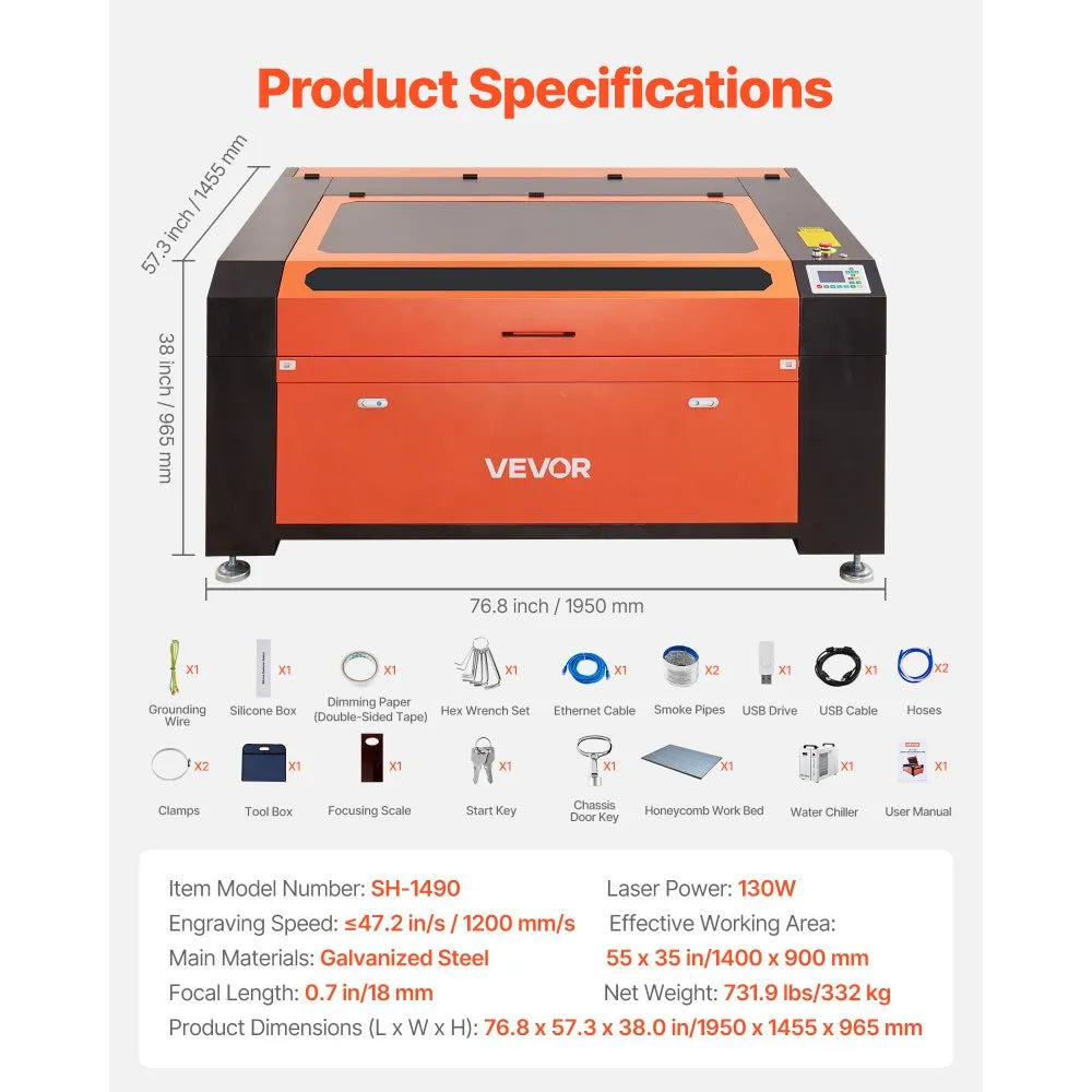 VEVOR 130W CO2 Laser Engraver, 55 x 35 in, CO2 Laser Engraver Cutter Machine with Water Chiller, 2 Way Pass Air Assist, 1200 mm/s Speed, Autofocus Engraving Cutting Machine, for Wood Acrylic Glass
