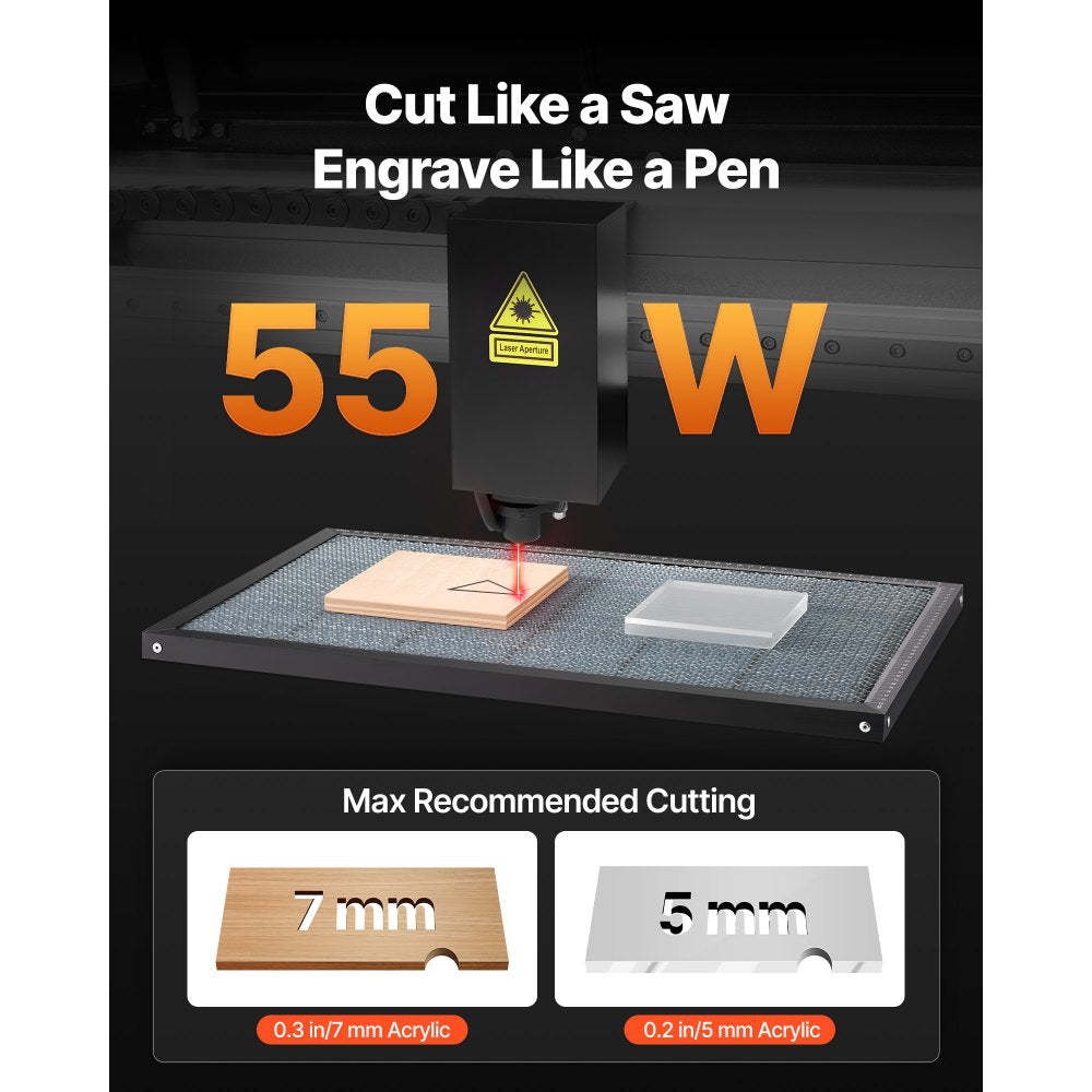 VEVOR 55W CO2 Laser Engraver, 20 x 12 in, Desktop CO2 Laser Engraver and Cutter Machine with 16MP Camera, Water Pump, Rotary Axis, Compatible with LightBurn CorelDRAW RDWorks, for Wood Acrylic Glass