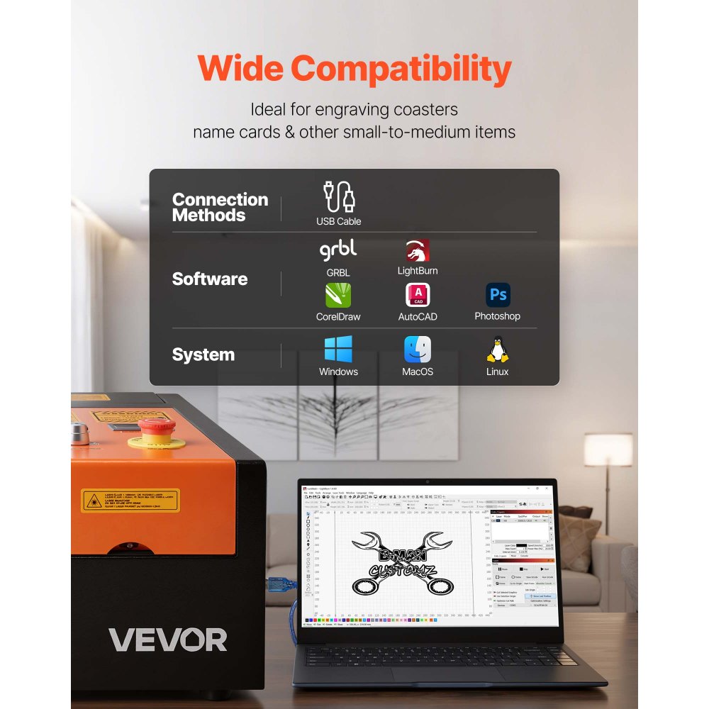 VEVOR 45W CO2 Laser Engraver, 12 x 8 in, Desktop CO2 Laser Engraver Cutter Machine with Rotary Axis, Air Assist, Engraving Machine Compatible with LightBurn CorelDRAW GRBL, for Wood Acrylic Glass