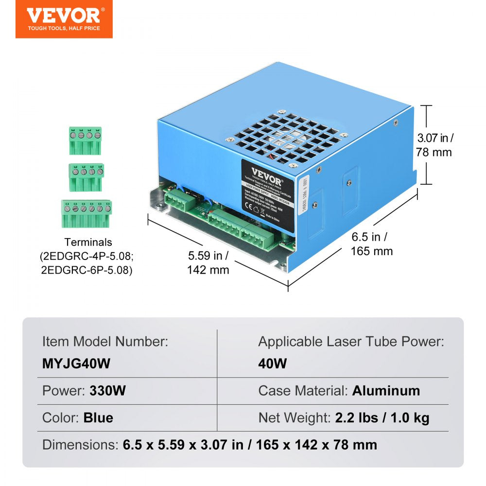 VEVOR CO2 Laser Power Supply, 40W, Power Supply for 40W Laser Tube, Constant Current Protection, Open Circuit Protection, Fast Heat Dissipation, Compatible for Multi-brand Laser Engravers & Cutters