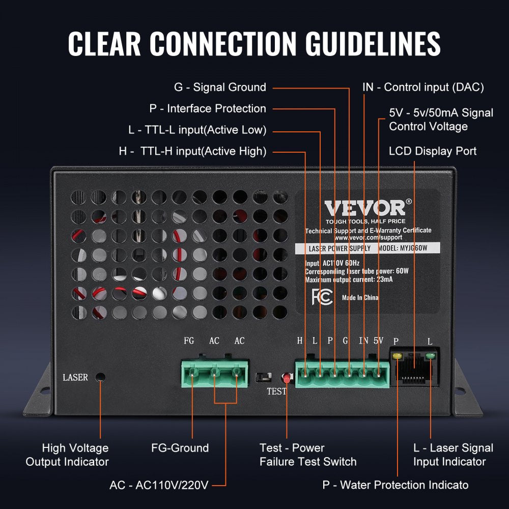 VEVOR CO2 Laser Power Supply, 60W, Power Supply for 60W Laser Tube, Constant Current Protection, Open Circuit Protection, Fast Heat Dissipation, Compatible for Multi-brand Laser Engravers & Cutters