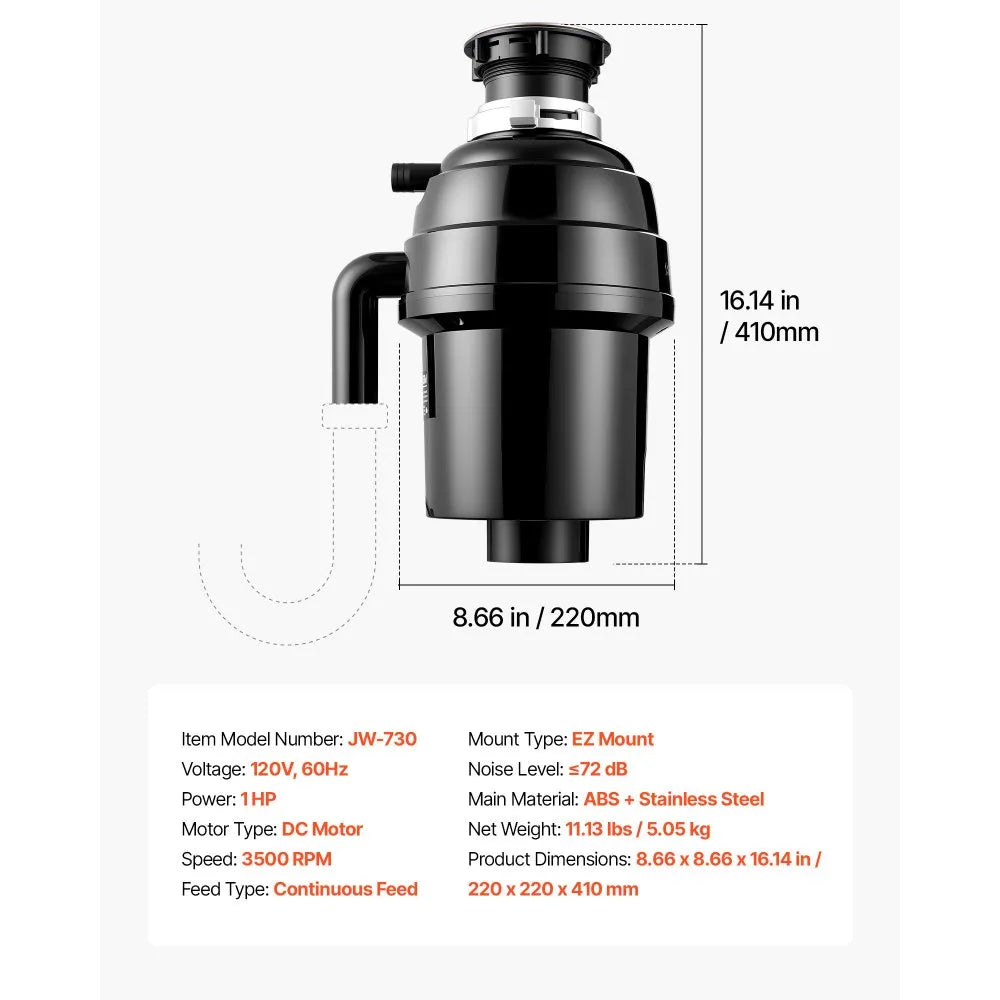 VEVOR Food Waste Garbage Disposal, 1HP 3500RPM DC Motor, Continuous Feed Kitchen Sink Garbage Disposer, EZ Connect Food Waste Grinding System with Sound Reduction & Power Cord for Kitchens