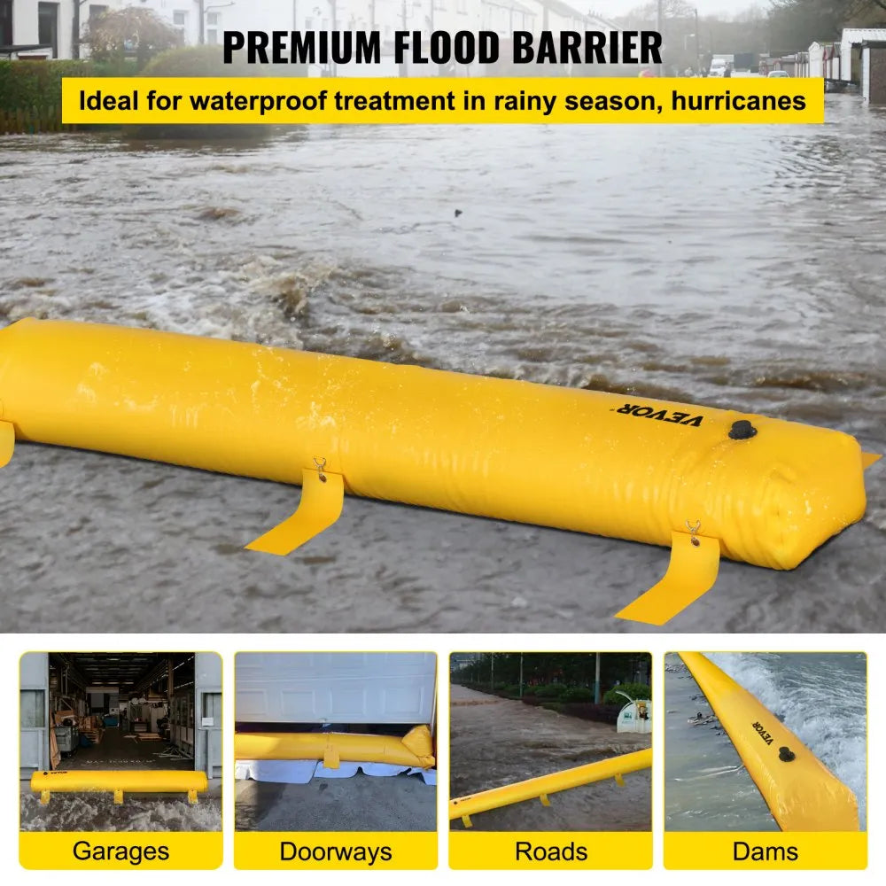 VEVOR Flood Bag, 24 ft Length x 12 in Height, Reusable PVC Water Diversion Tubes, Lightweight with Excellent Waterproof Effect Used for Doorways, Garages, Yellow