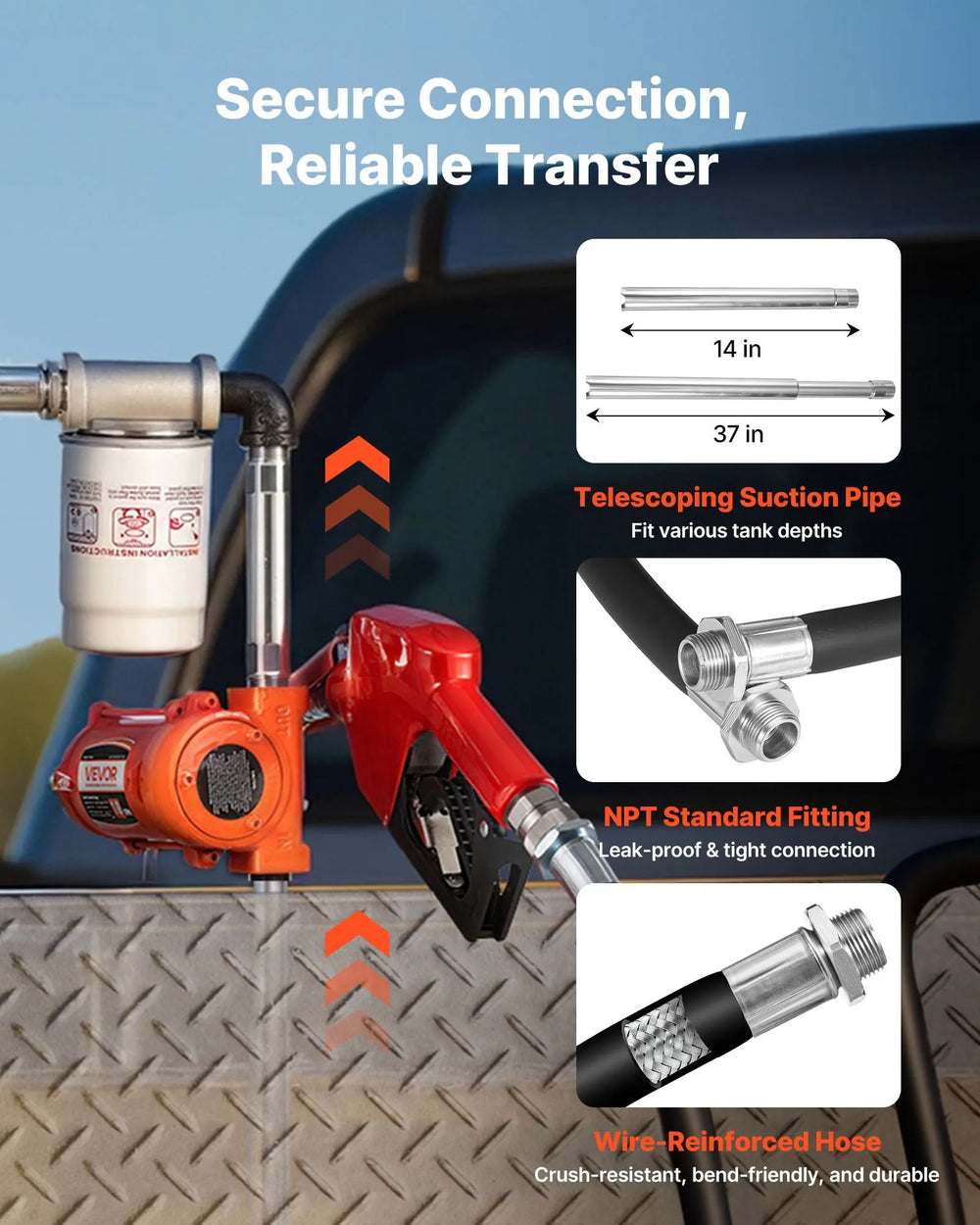 VEVOR Fuel Transfer Pump, 12V DC 10 GPM, Portable Diesel Transfer Pump Kit, with Auto Shut-Off Nozzle, Discharge Hose, Overheat Protection, Power Cable, Explosion-Proof, for Gasoline Diesel Kerosene