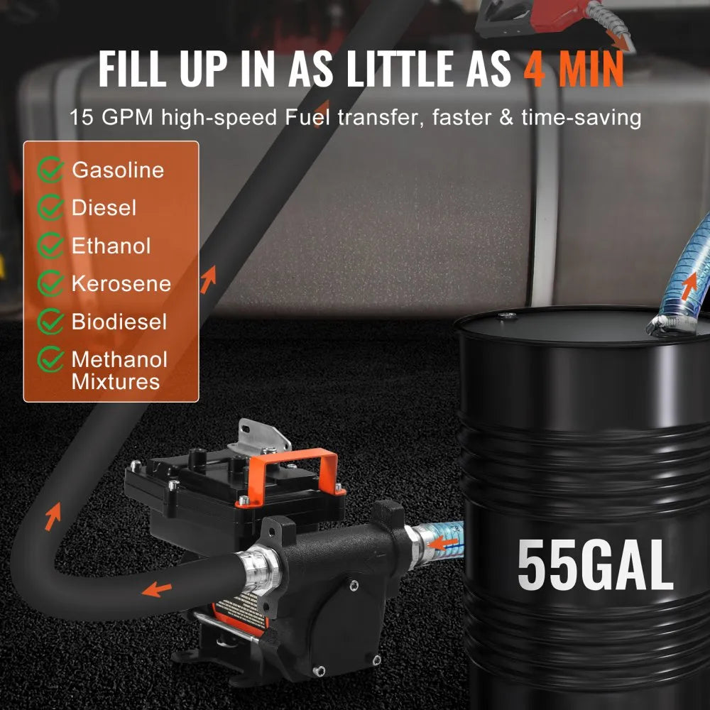 VEVOR Fuel Transfer Pump, 12V DC 15 GPM 1/4 HP, Portable Electric Diesel Transfer Pump with Auto Shut-Off Fuel Nozzle, Long Inlet & Outlet Hose for Gasoline, Diesel, Kerosene, Methanol Blends
