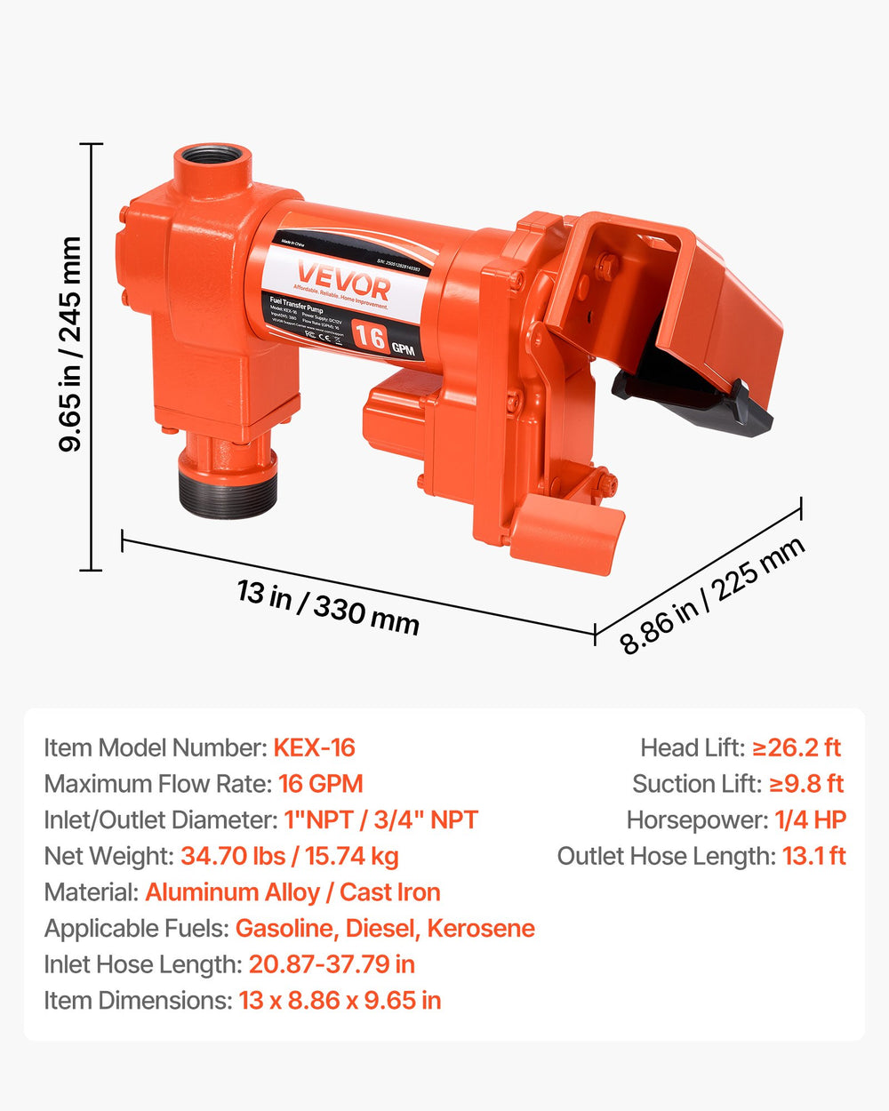 VEVOR Fuel Transfer Pump, 12V DC 16 GPM 1/4 HP Diesel Pump, Extractor Pumps with Manual Nozzle, Discharge Hose and Suction Pipe, for Gasoline, Diesel, Kerosene, Ethanol-Methanol Blends & Biodiesel