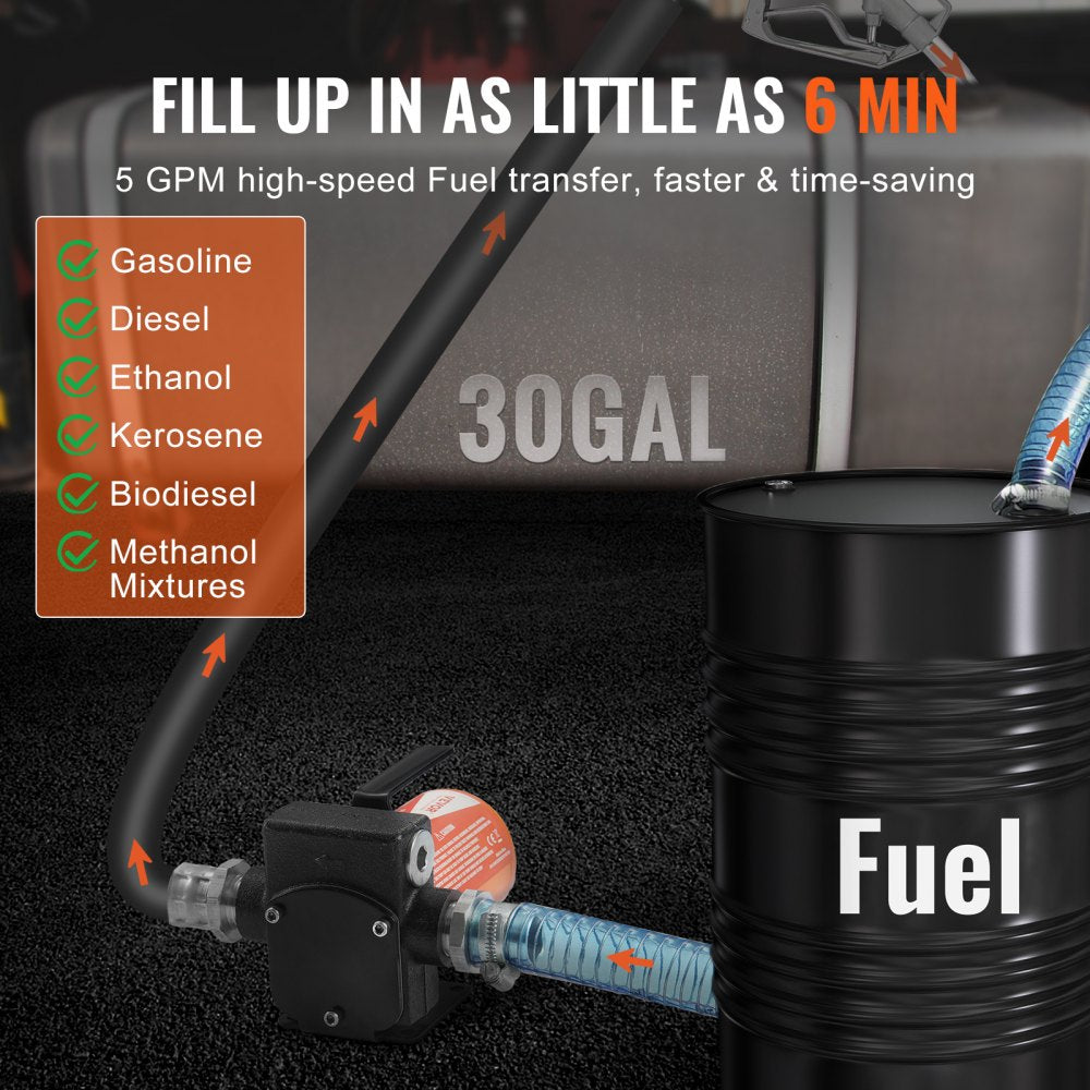 VEVOR Fuel Transfer Pump, 12V DC 5.3 GPM 1/10 HP, Portable Electric Diesel Transfer Pump with Auto Shut-Off Fuel Nozzle, Long Inlet & Outlet Hose for Gasoline, Diesel, Kerosene, Methanol Blends