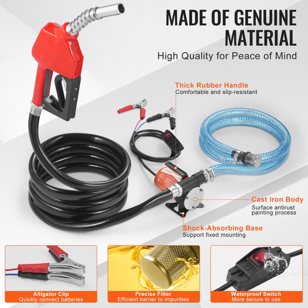 VEVOR Fuel Transfer Pump, 12V DC 8 GPM 1/6 HP, Portable Electric Diesel Transfer Pump with Auto Shut-Off Fuel Nozzle, Long Inlet & Outlet Hose for Gasoline, Diesel, Kerosene, Methanol Blends