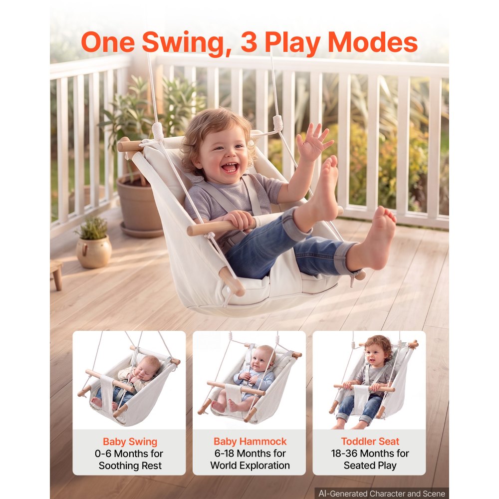 VEVOR Baby Swing 66 lbs Weight Capacity 3 Modes Canvas Hammock Swing White, for Indoor and Outdoor, 5-Point Harness and Tree Straps, Wooden Hanging Seat with Integrated Cushion for Baby to Toddler